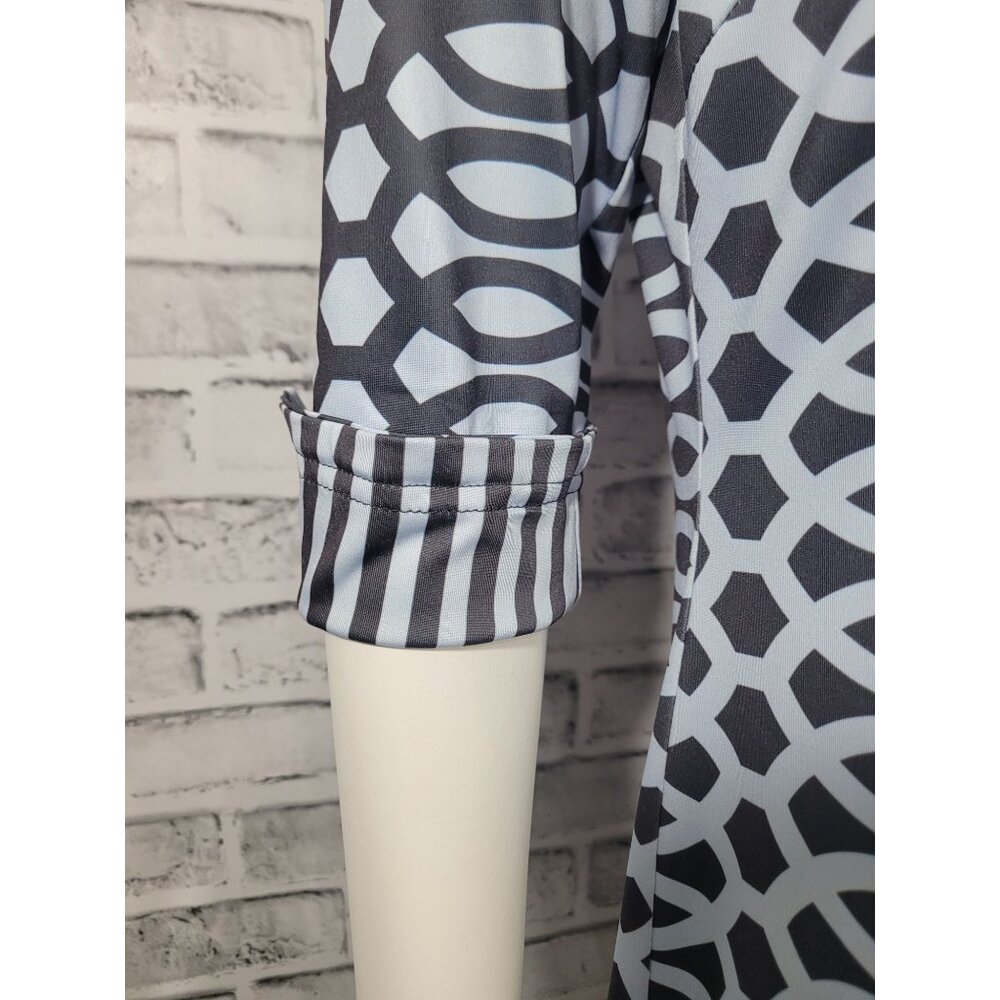 Gretchen Scott Collared Geometric Gray Blue Contract 3/4 Sleeve Dress Size Med - Picture 5 of 8
